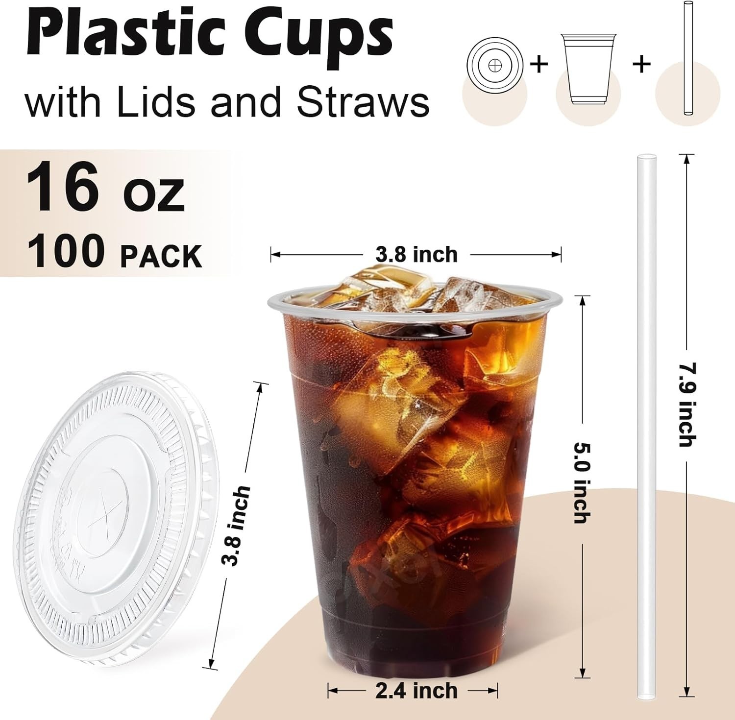 100 Vasos Plasticos 16Oz Transparentes con Tapa y Popote Resistentes Desechables