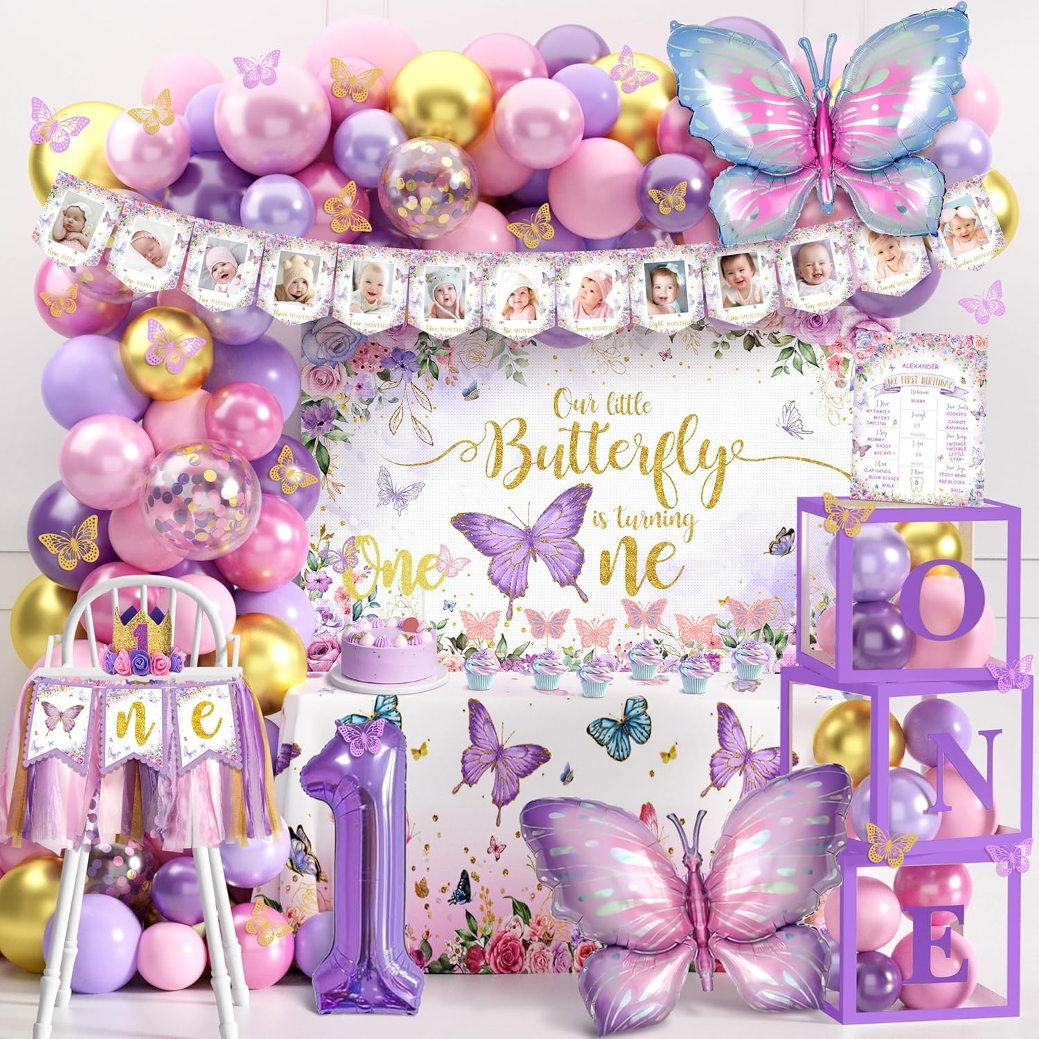 134pcs Purple Butterfly Birthday Decorations for Girl, 1st Birthday Decorations