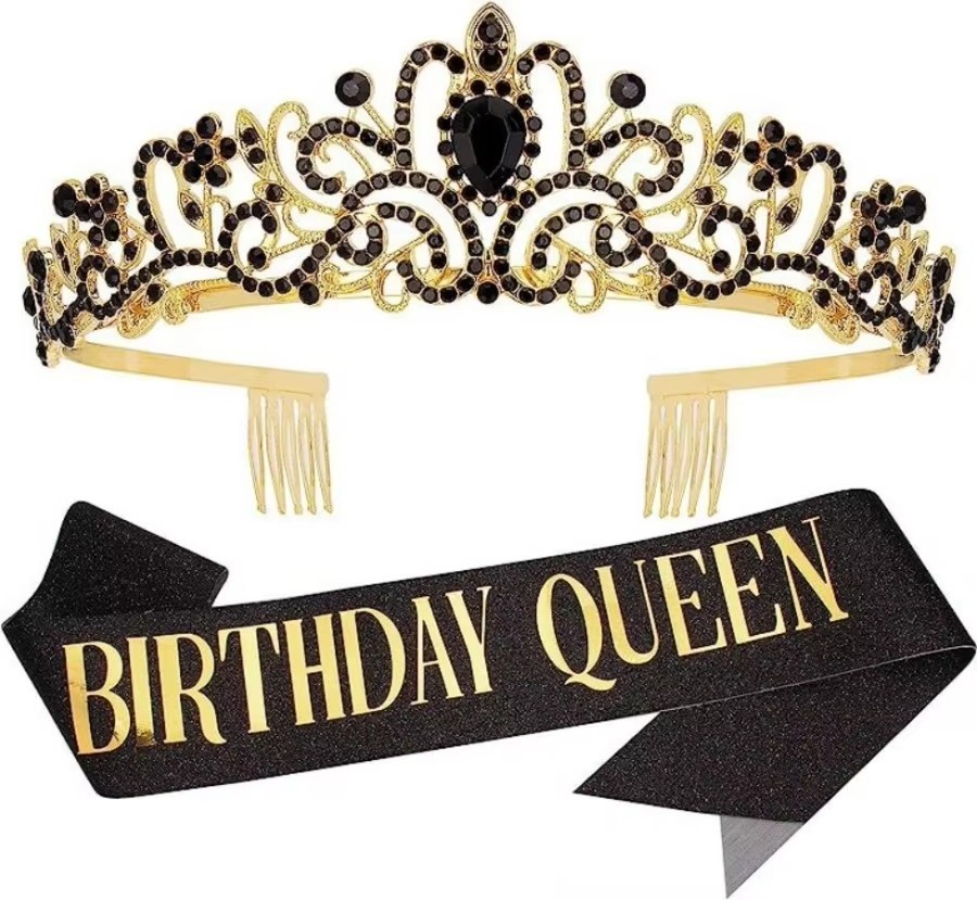 2Pcs Birthday Girl Queen Sash & Rhinestone Crystal Tiara Crown Party Decor Set
