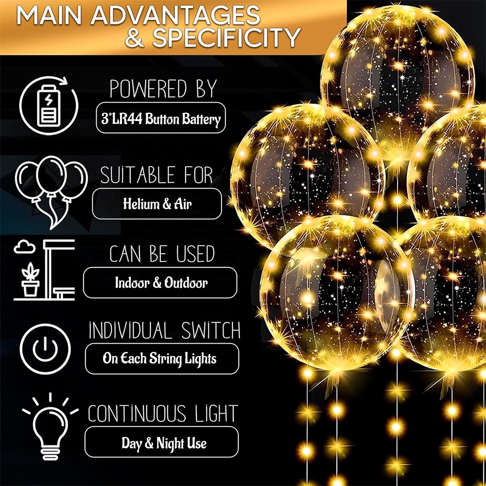 10Pcs 20″ LED Light Up Balloons with String Light for Indoor Outdoor Decor Clear