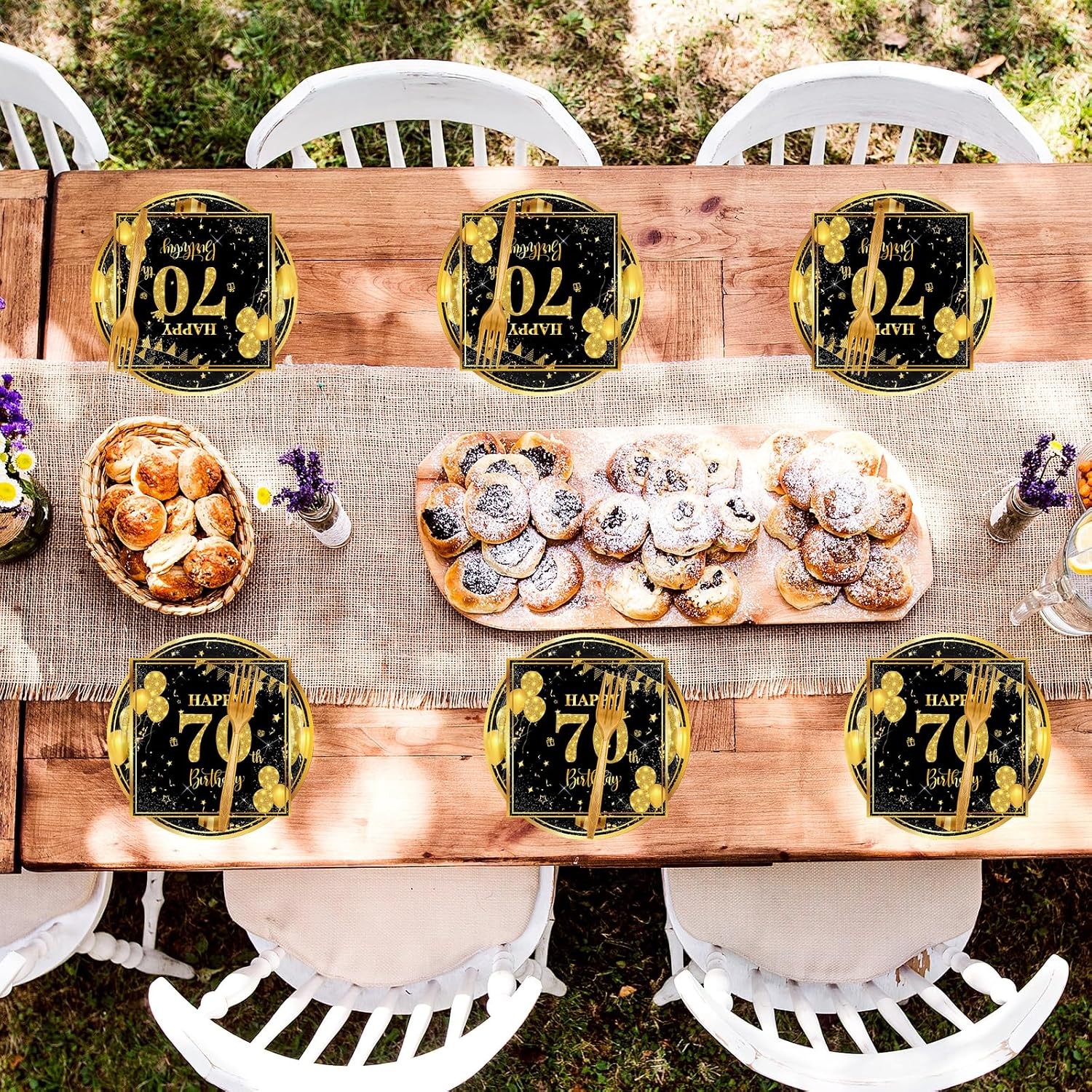 70th 7 inch Birthday Party Paper Plates and Napkins Forks 60 pcs Black Gold