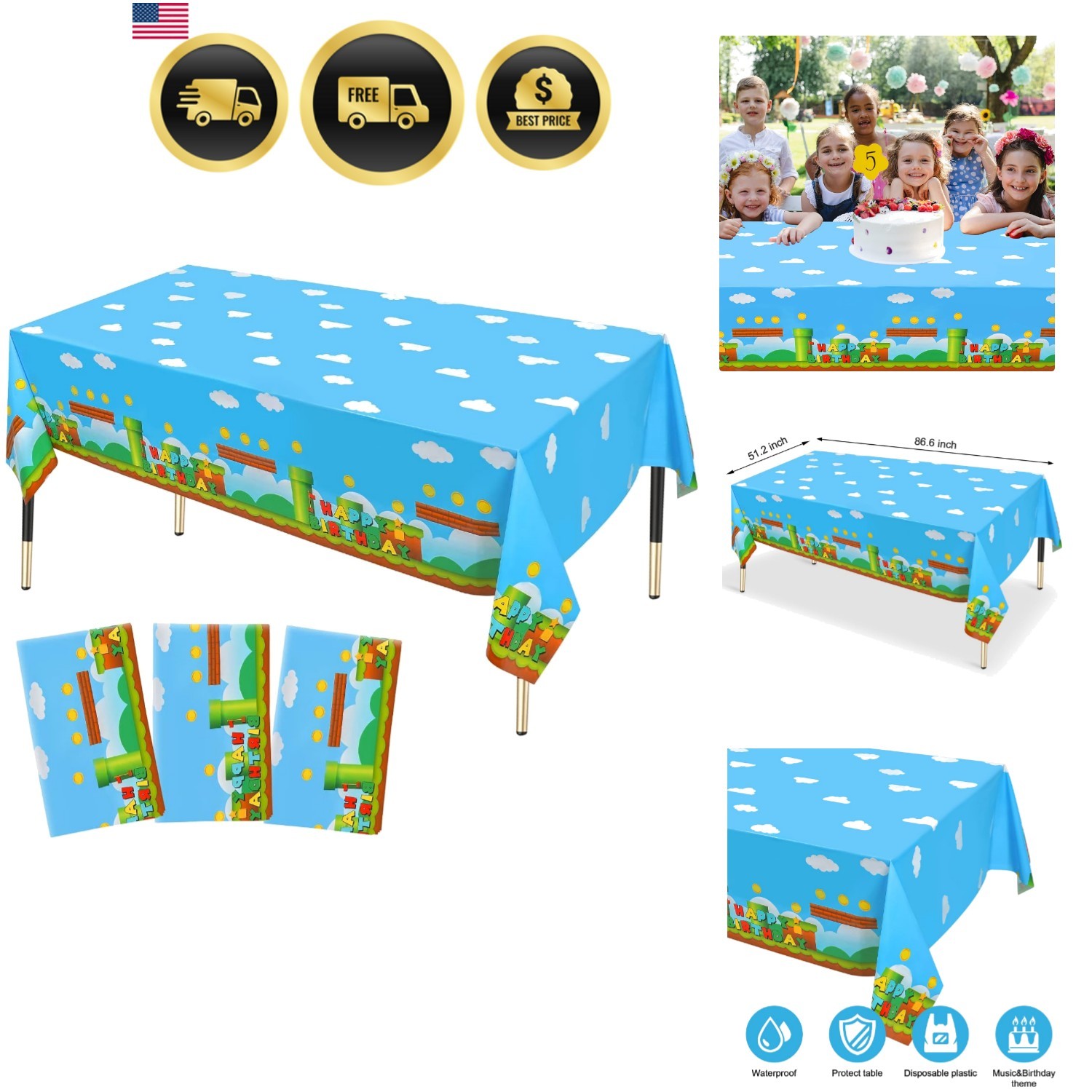 Durable 3 Pack Video Games Tablecloths – 86.6 x 51.2 Inches for Celebrations