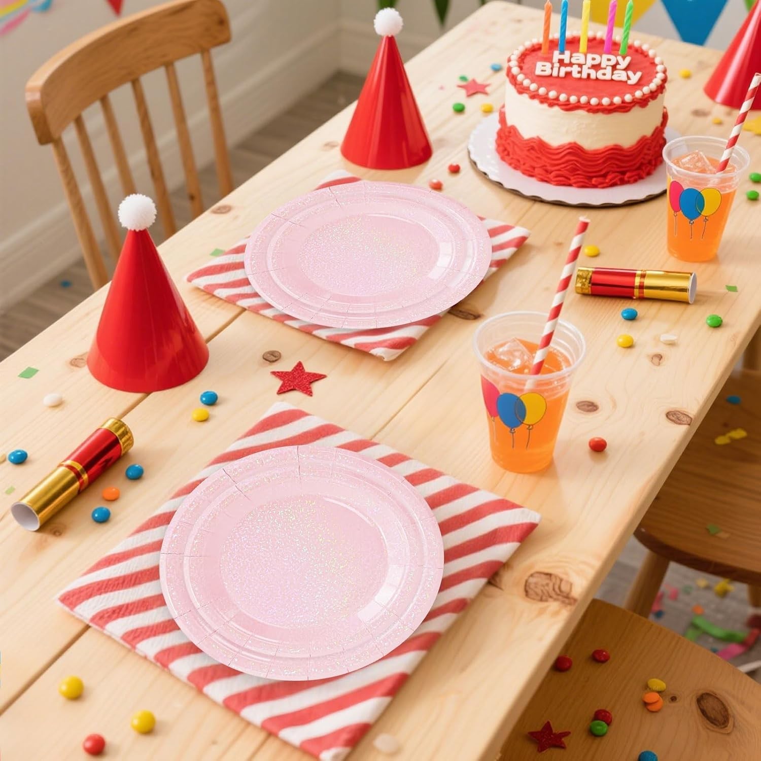 50 Pcs Iridescent Light Pink Paper Plates 25 × 7” and 25 × 9” Disposable Pink