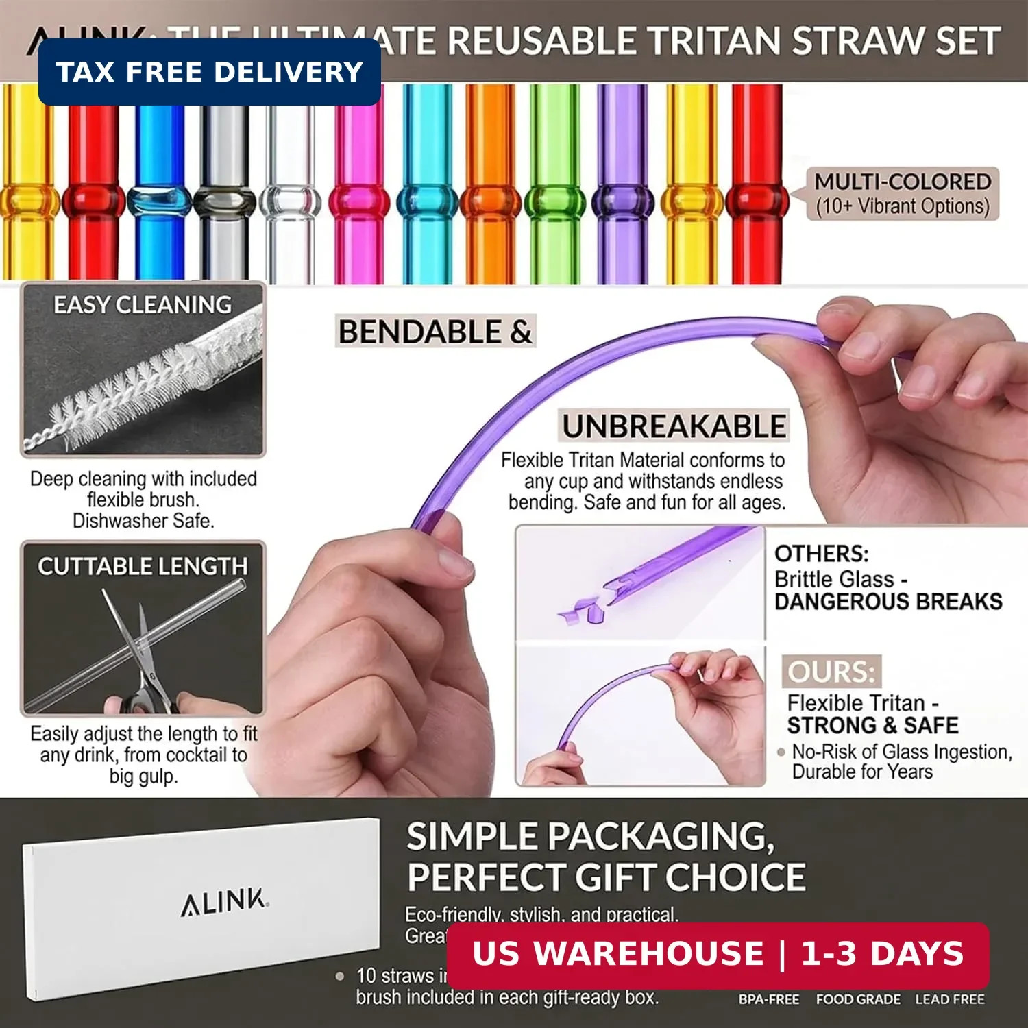 ALINK 10.5 in Long Reusable Plastic Straws with Brush, Tritan Hard Plastic Tumbl