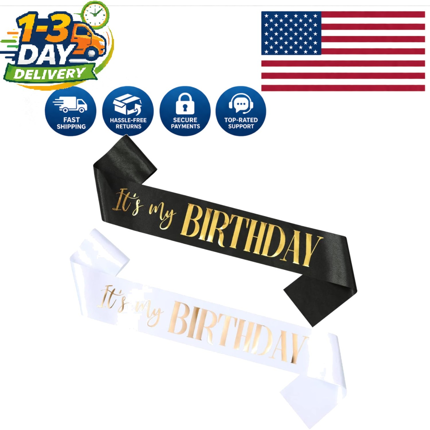 Elegant 2 Pack Birthday Sashes for Men and Women with Gold/Rose Gold Lettering