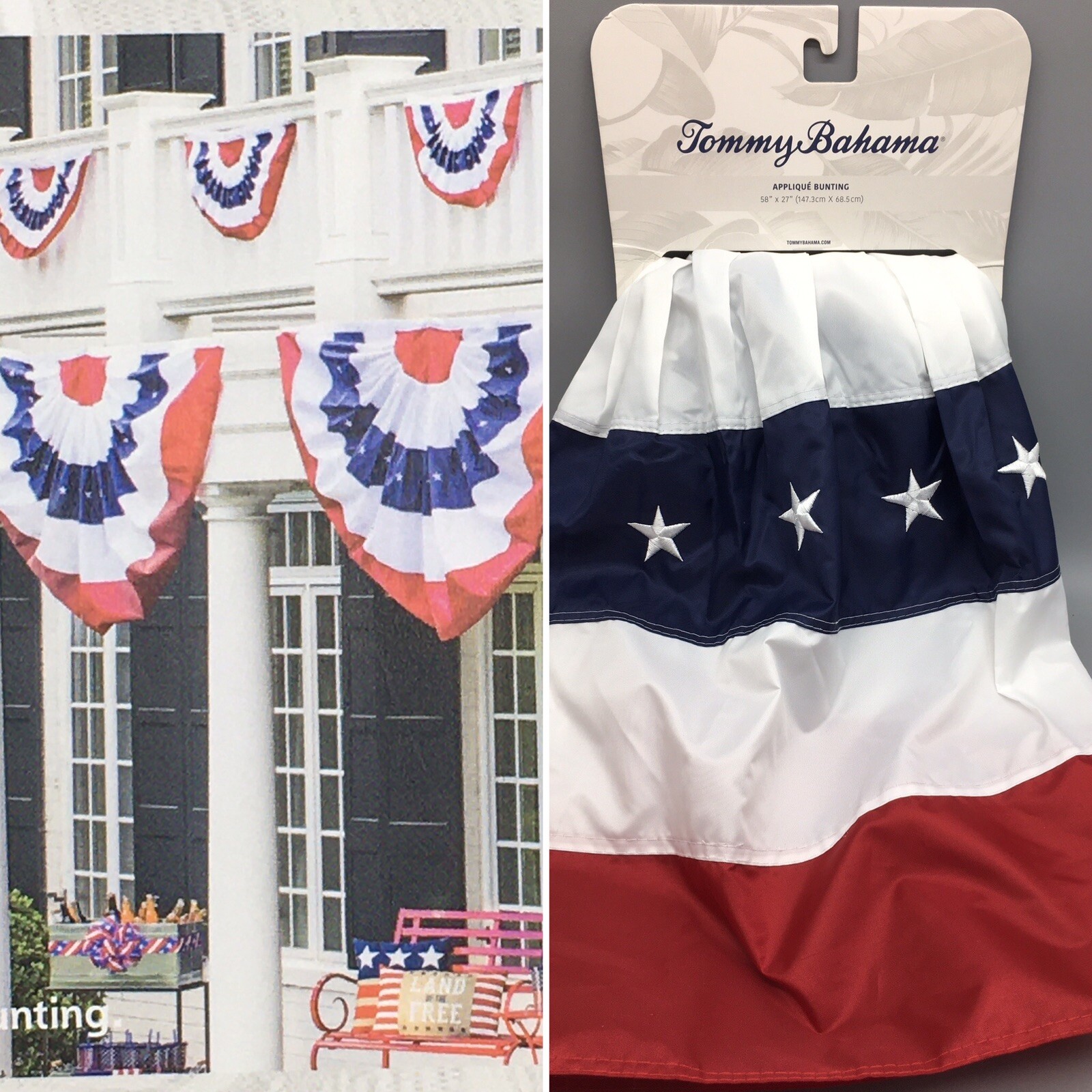 Tommy Bahama Bunting Embroidered Handcrafted American Flag 4th of July USA 58×27