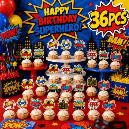 Hero Cupcake Toppers 36 PCS Hero Decorations Smash Crash Pow Picks for Hero