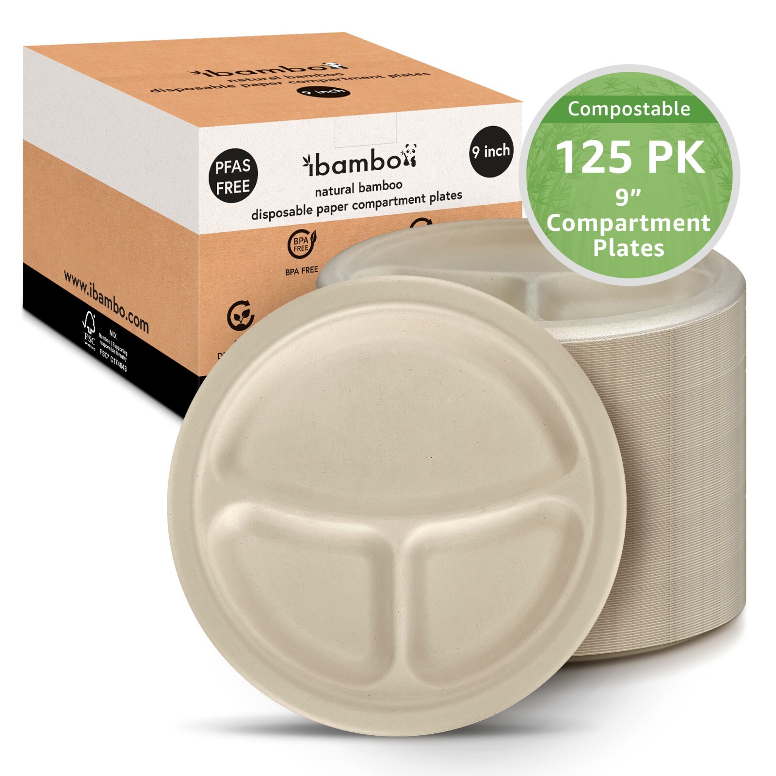 Ibambo Bamboo Disposable Compartment Plates – 9 Inch, 125 Pack, Compostable