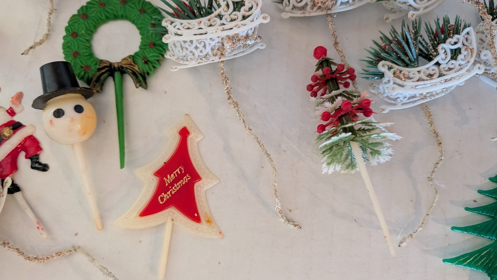 Vtg Christmas Cup Cake Picks Toppers ornaments crafting Lot angels santa deer B1