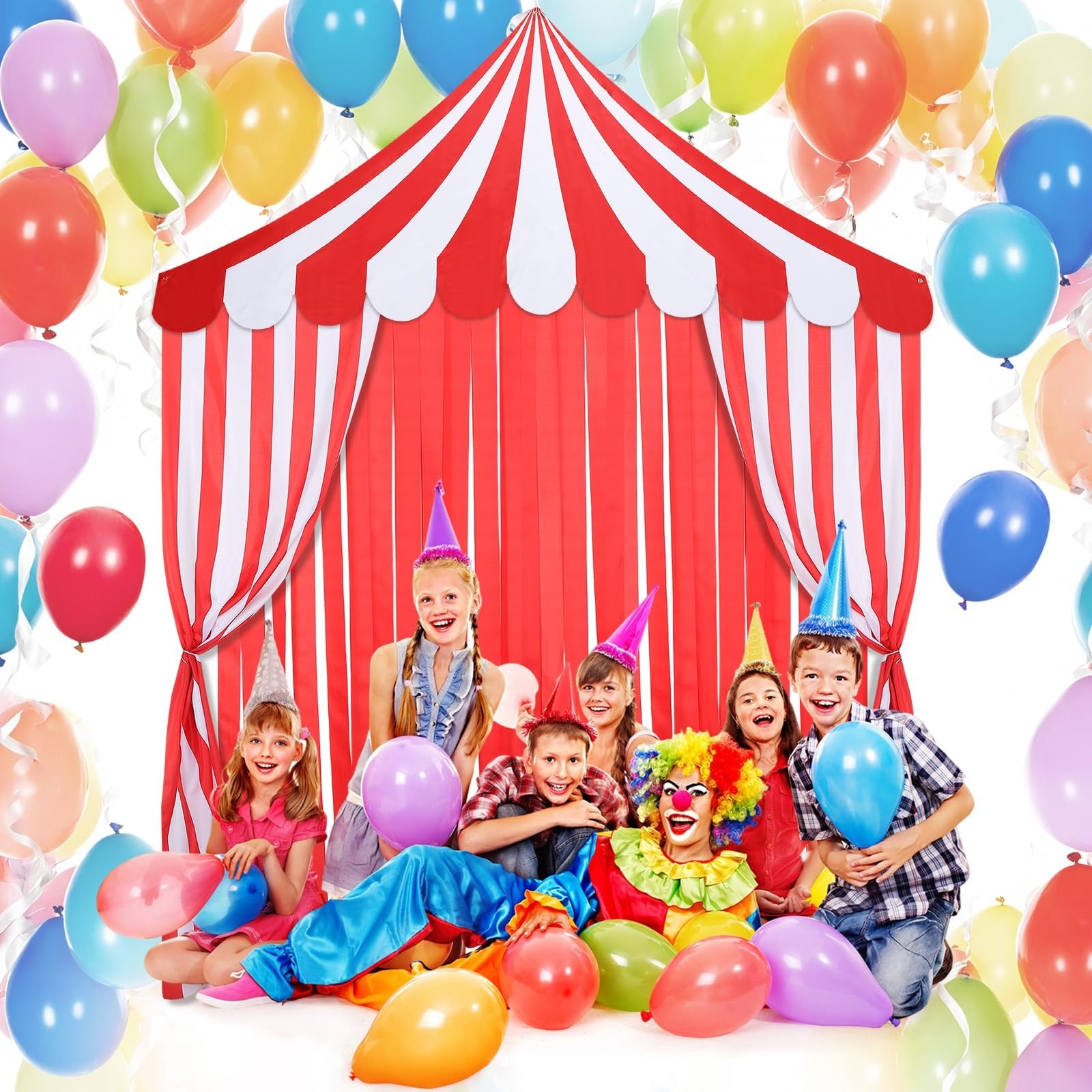 4-Piece Carnival Circus Decor Set – Red Striped Tent Canopy & Curtains for Party