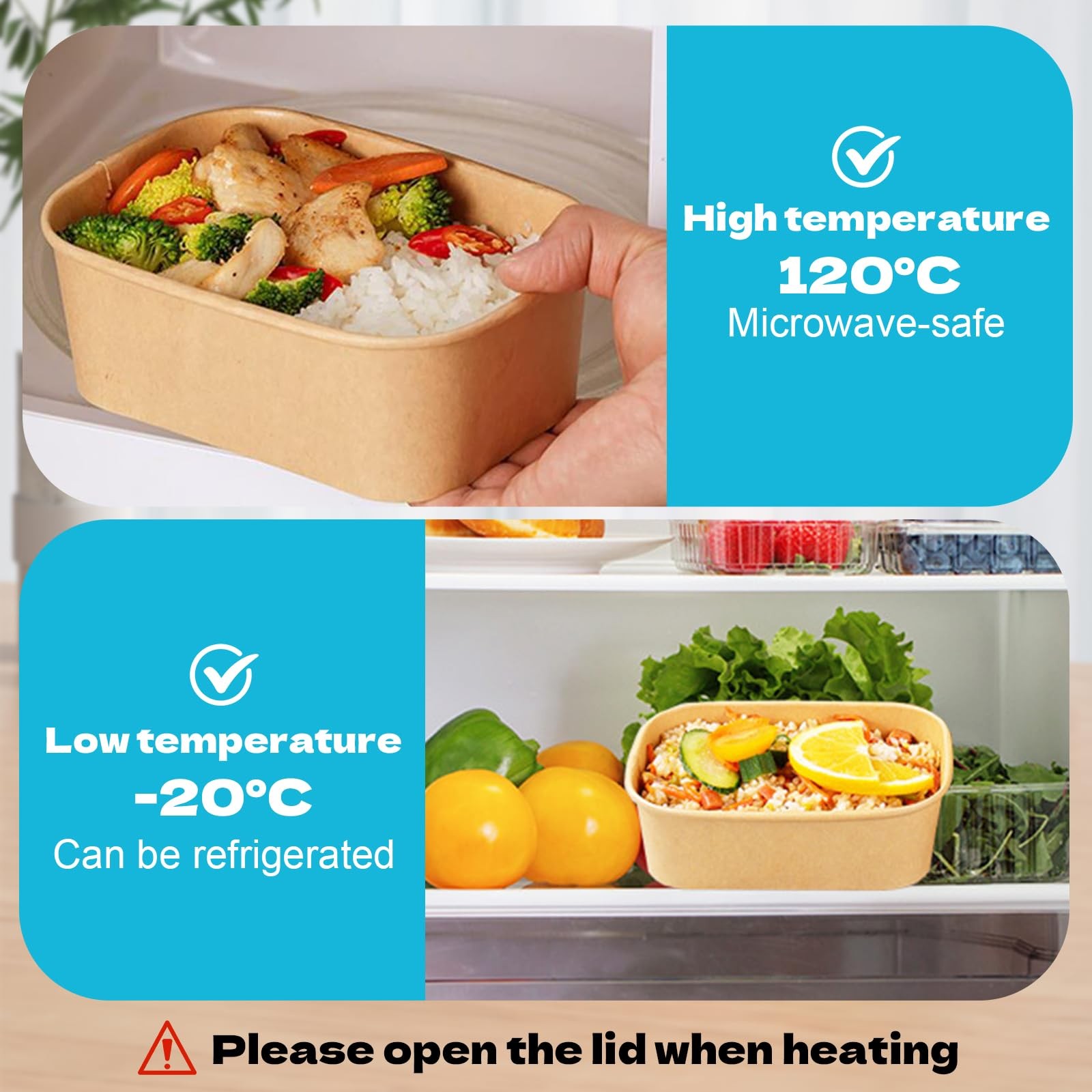 50 Pack 25oz Disposable Kraft Paper Bowls with Lids, Rectangle Meal Prep Cont…