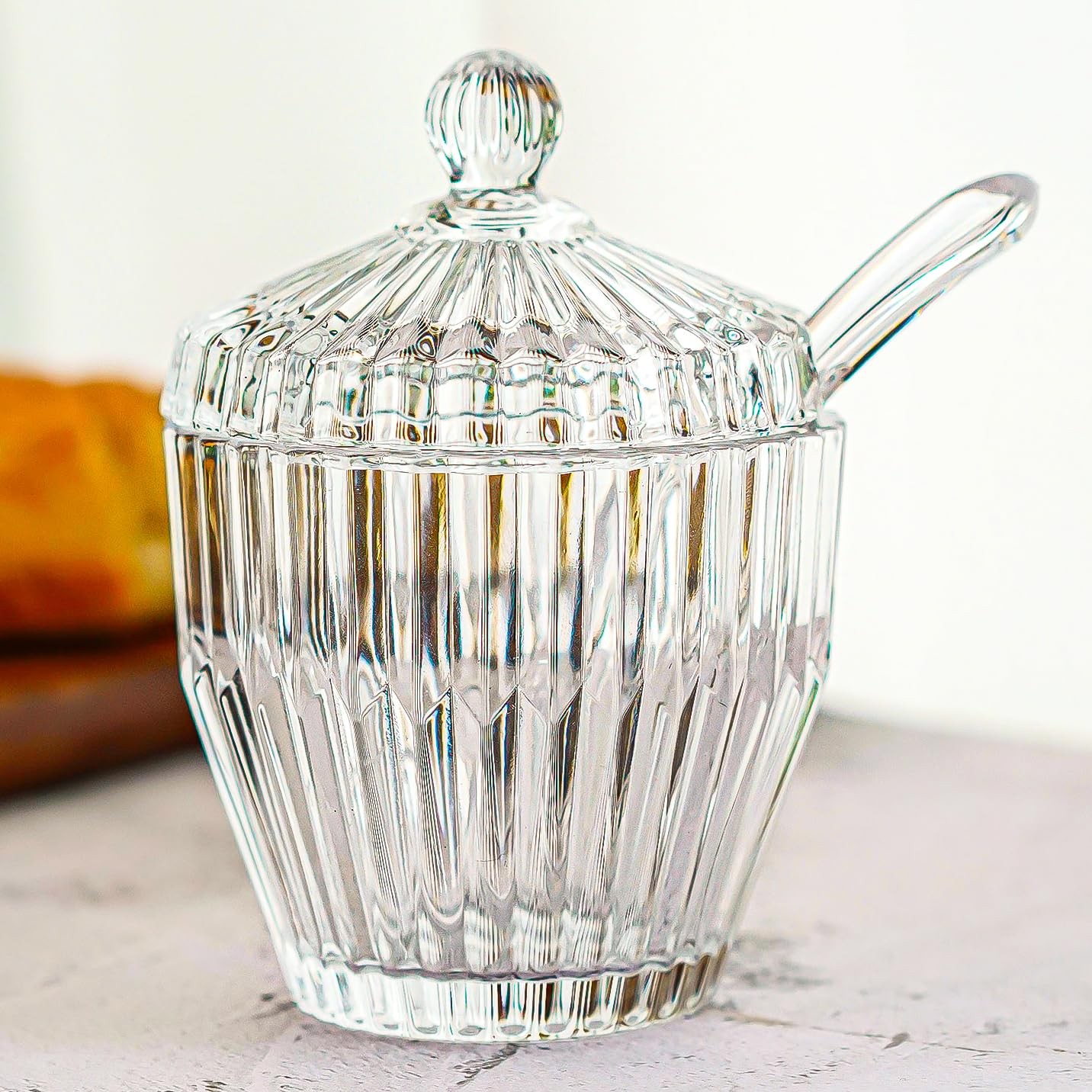 kanpura 1 Pack Clear Glass Sugar Bowl with Lid and Spoon Serving Spoon Salt Pot