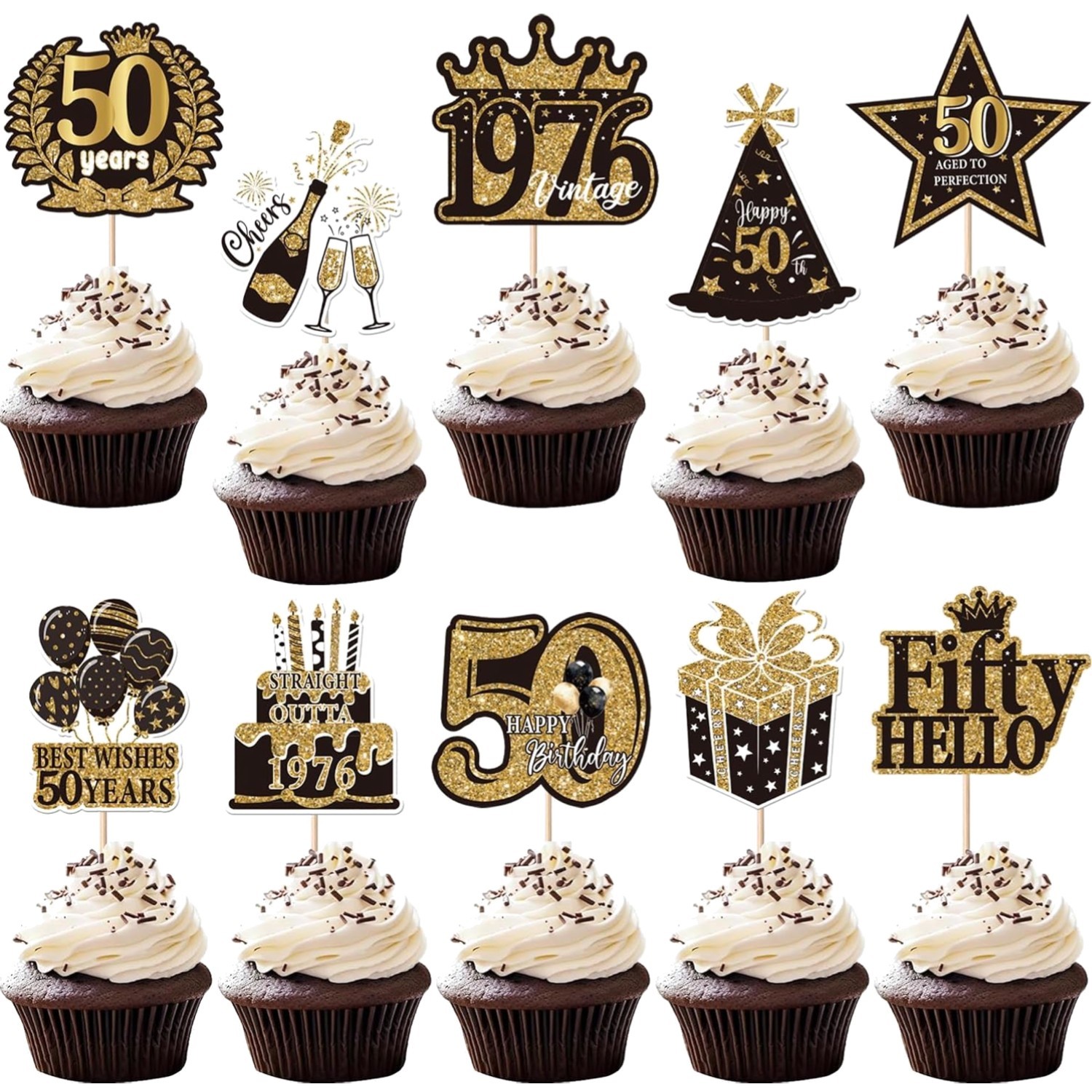 50th Birthday Cupcake Toppers 40 Pack Black Gold Decorations