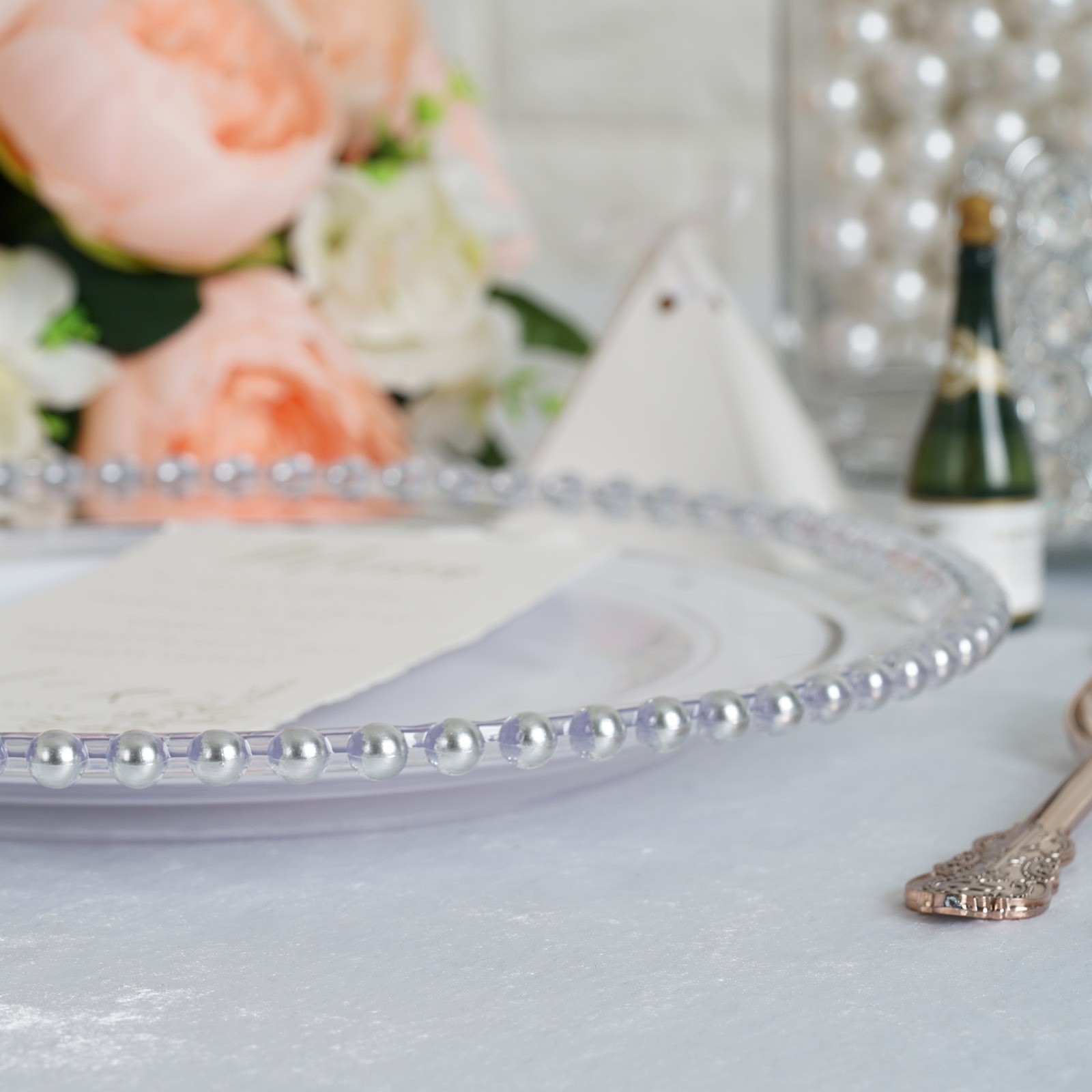 24 CLEAR SILVER 12″ Round Beaded Rim Charger Plates Wedding Reception Light Gray
