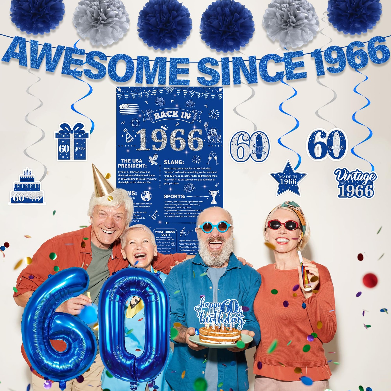 60th Birthday Decorations Men Banner – 17 Pcs Blue Glitter Back In 1966 Birth…