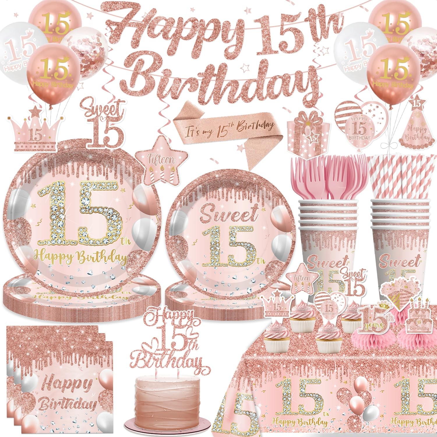 181pcs 15th Birthday Decorations for Girls, Serves 25 Guests, 15 birthday dec…