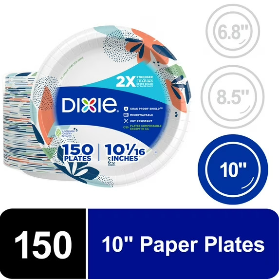 Dixie Disposable Paper Plates, 10″, Multi-Color, 150 Count