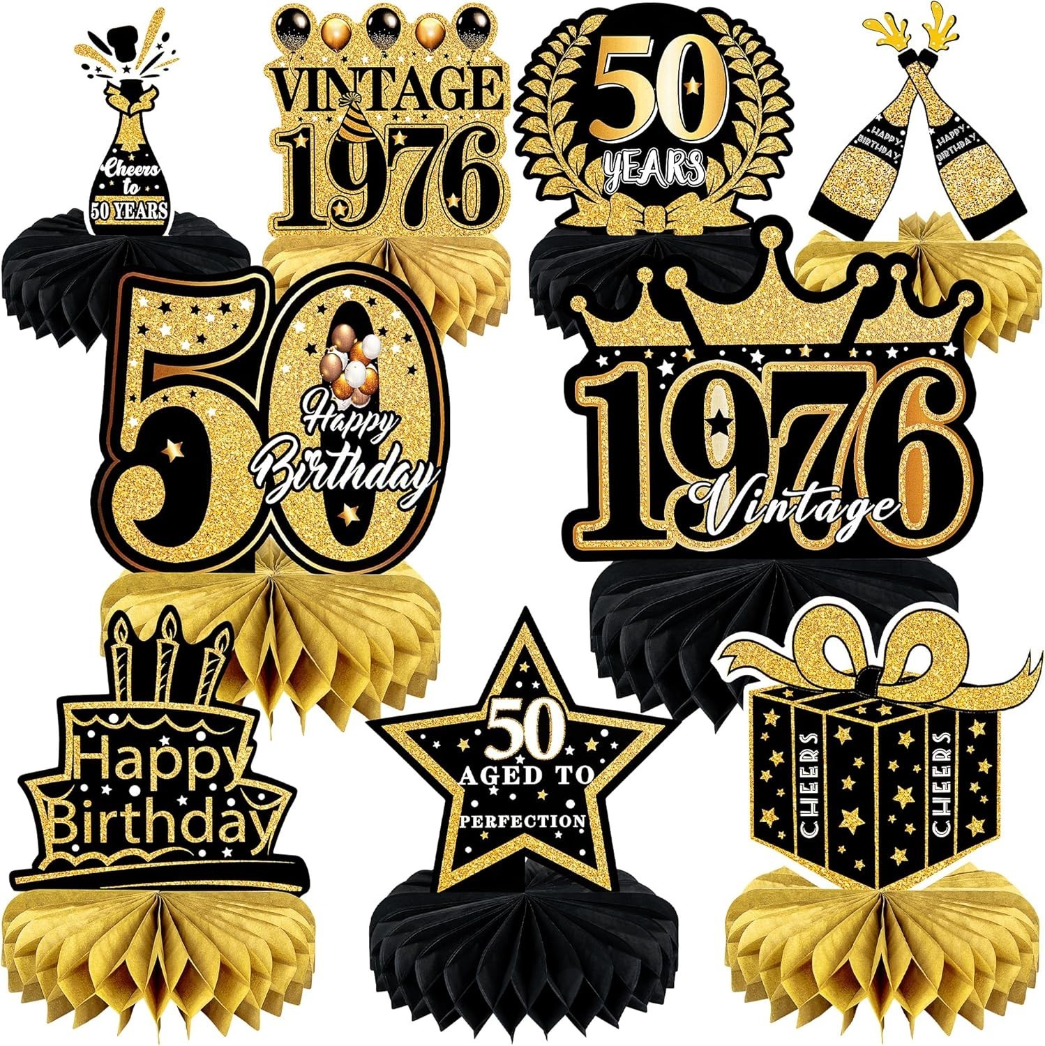 Retro 50th Birthday Decor – 9 Honeycomb & Cardboard Pieces – Easy Assembly