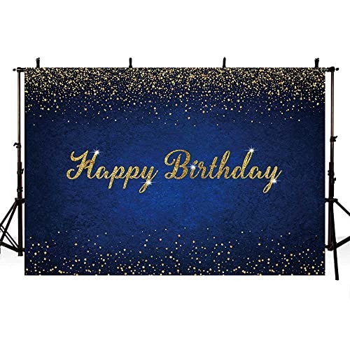 7x5ft Birthday Backdrop Happy Birthday Background Banner Gold 7X5ft Dark Blue