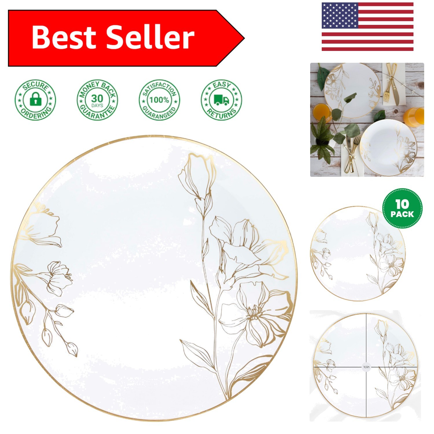 10” White Disposable Plates With Floral Design & Gold Rim – 10 Count