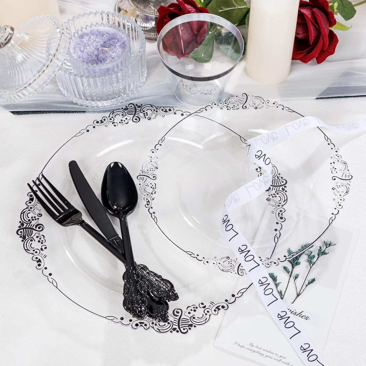 175pcs Clear and Black Plates – Black Party Plates for 25 Guest