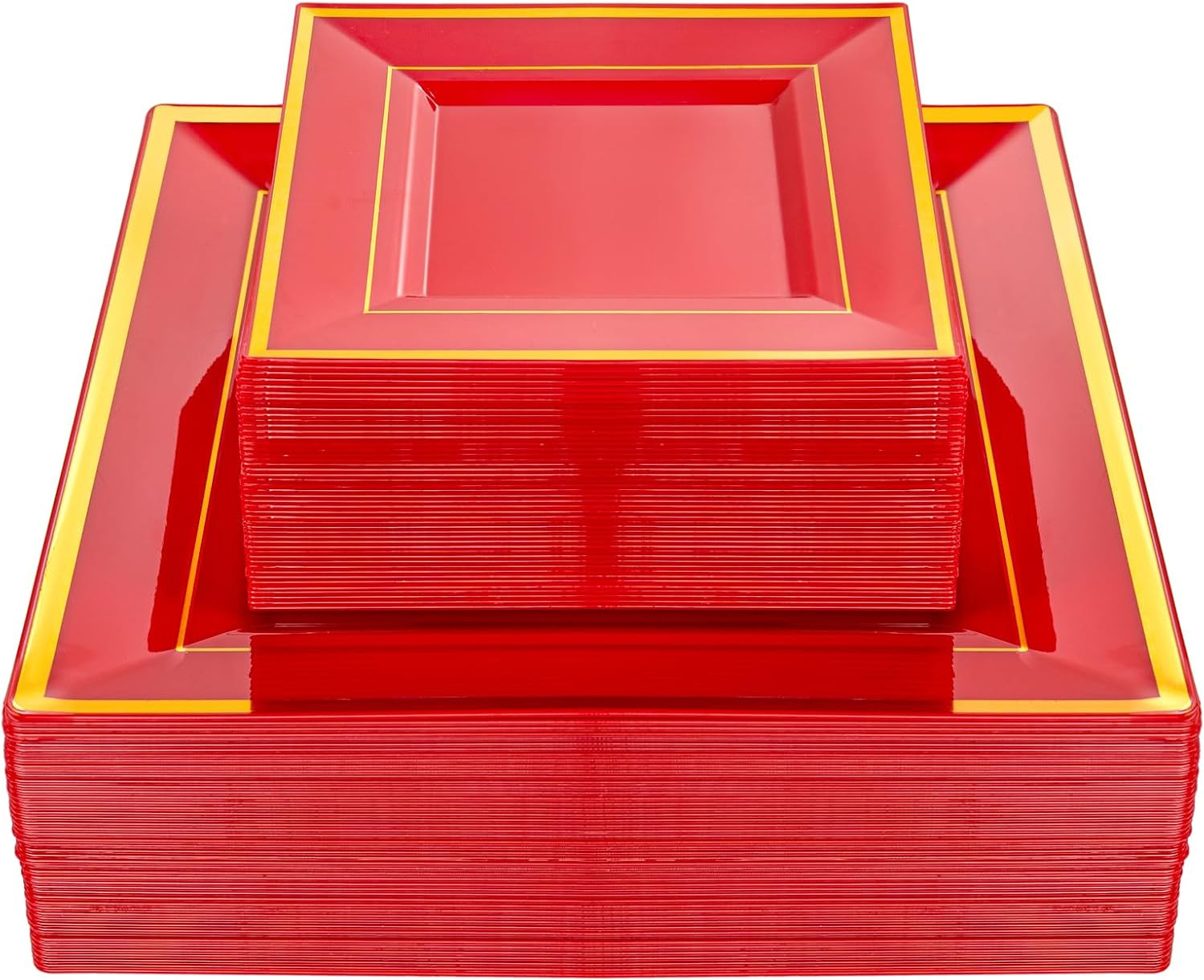 100PCS Red and Gold Square Plastic Plates-50PCS Heavy Duty 9.5inch Disposable