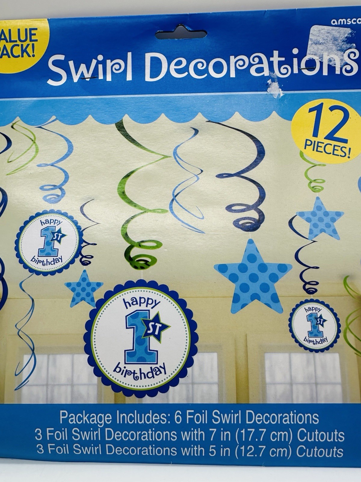 New First 1st Birthday Foil Swirl Decorations Blue Boy Polka Dots 12 Pieces
