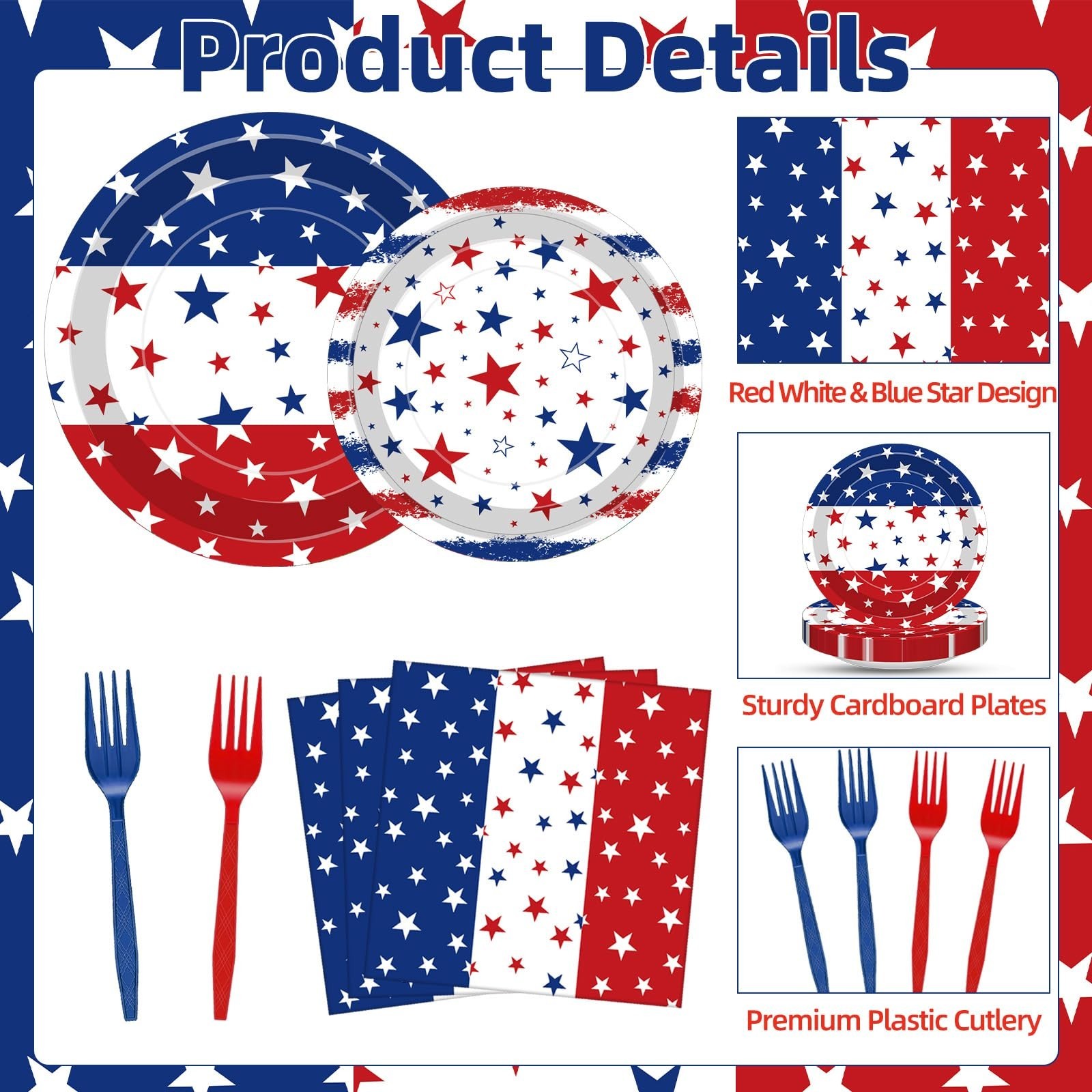 100 Pcs Patriotic Party Supplies Set – Red White Blue Star Plates, Napkins & For