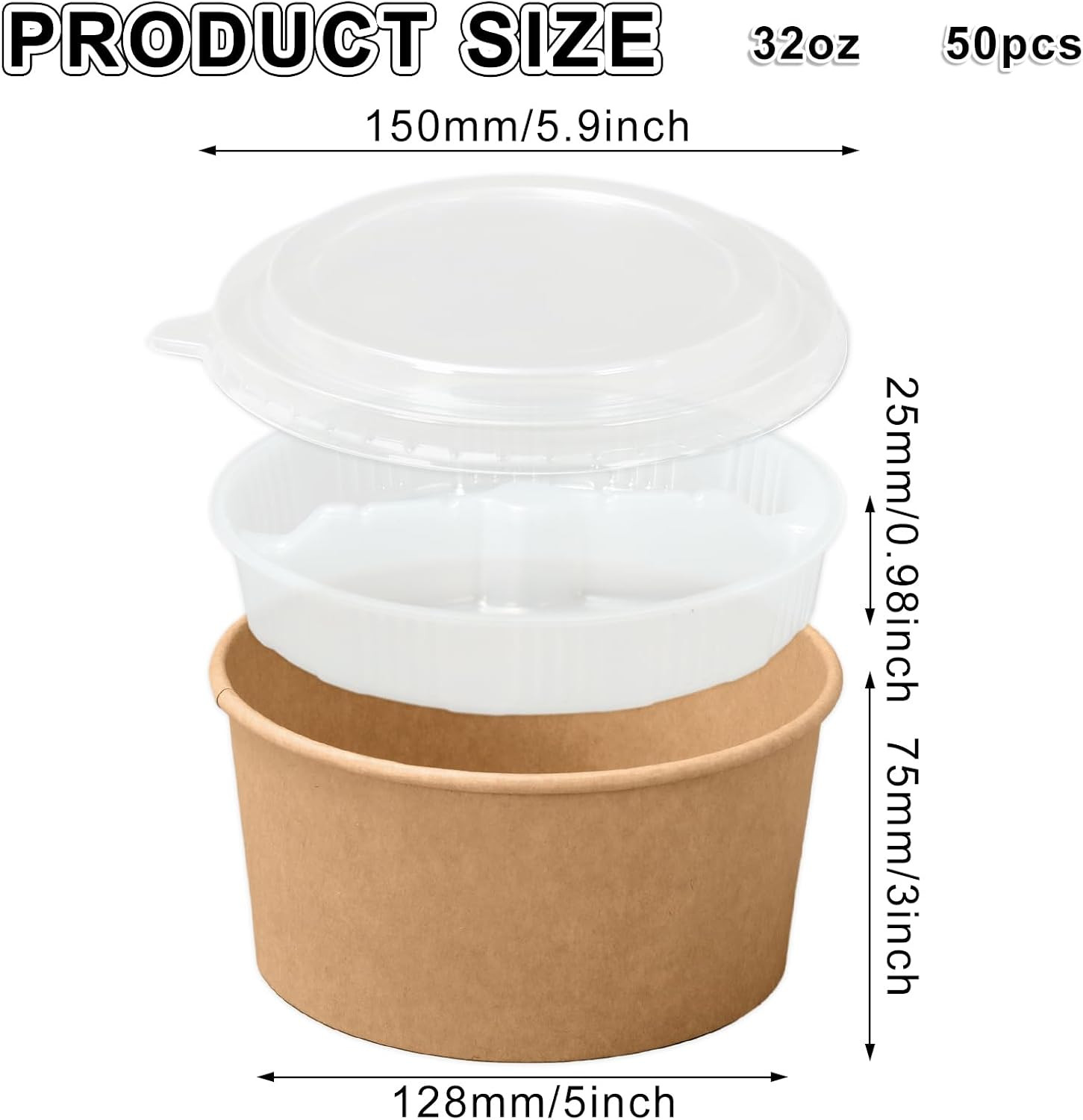 50 Pack Kraft Paper Bowls with Lids Inner Trays 32Oz Disposable Large Soup Bowls