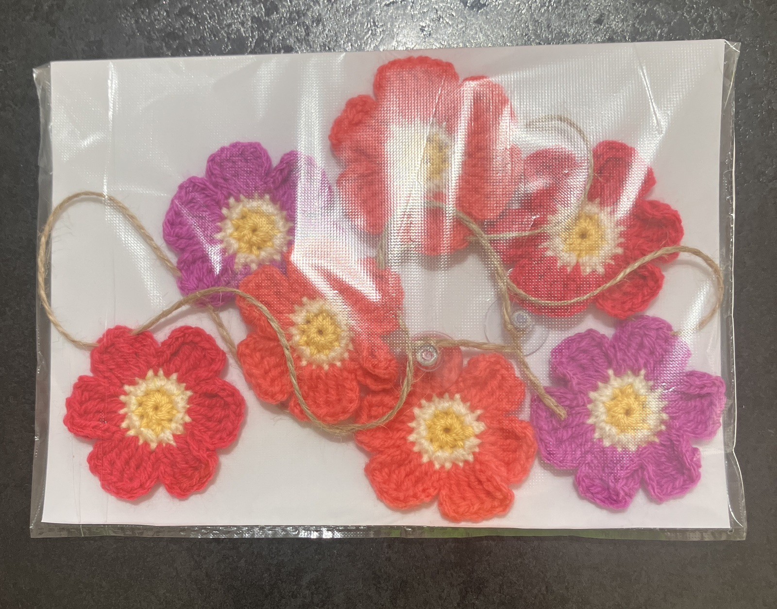 🌸NEW Hand Crochet PRETTY jute 7 Flowers Bunting Window Camper Summer 35” Gift