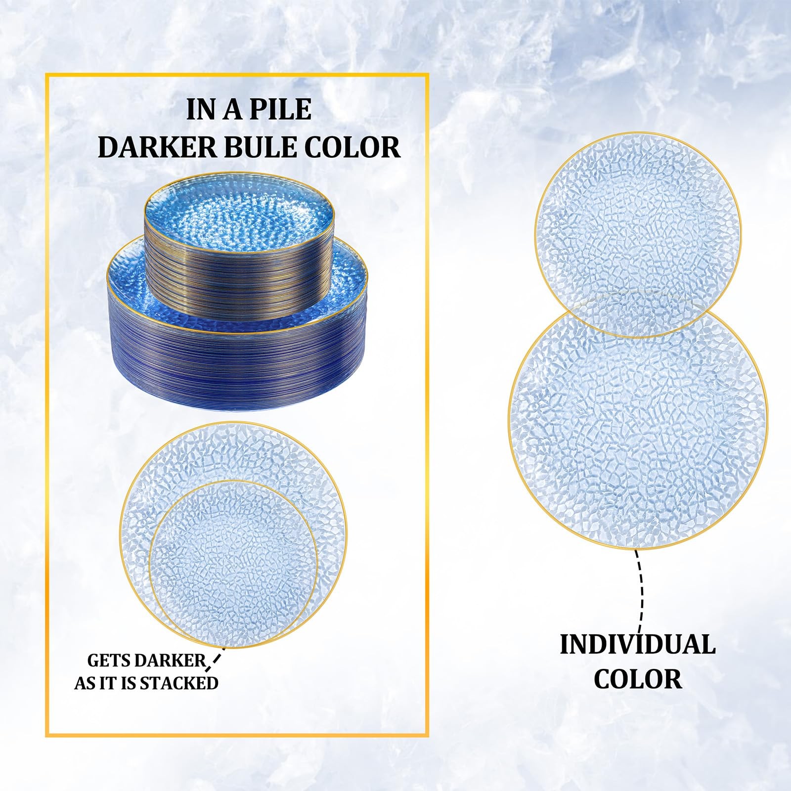 SUT 36Pcs Blue Plastic Plates Hammered Heavy Duty Disposable Plates Blue Gold Ri