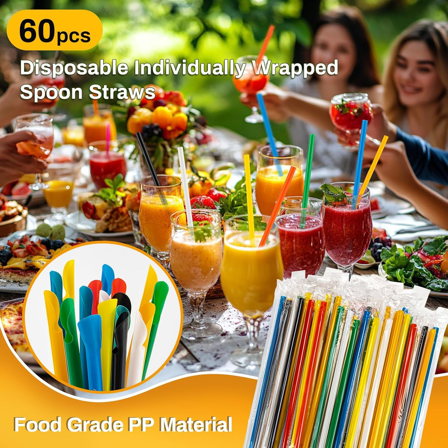 60PCS Snow Cone Spoon Straws Colorful Disposable Wrapped Straws for Smoothies