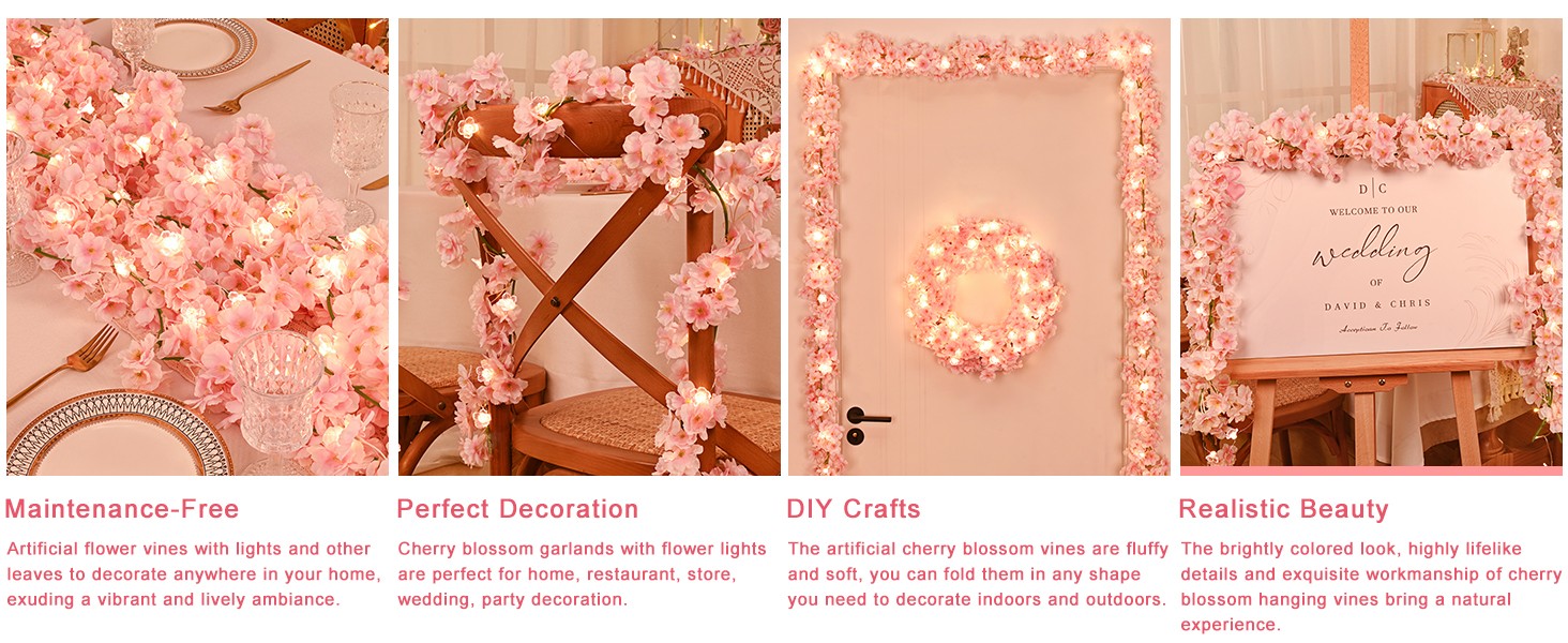 4 Pcs Total 23.6 Ft Artificial Cherry Blossom Flowers, Faux Lighted Cherry
