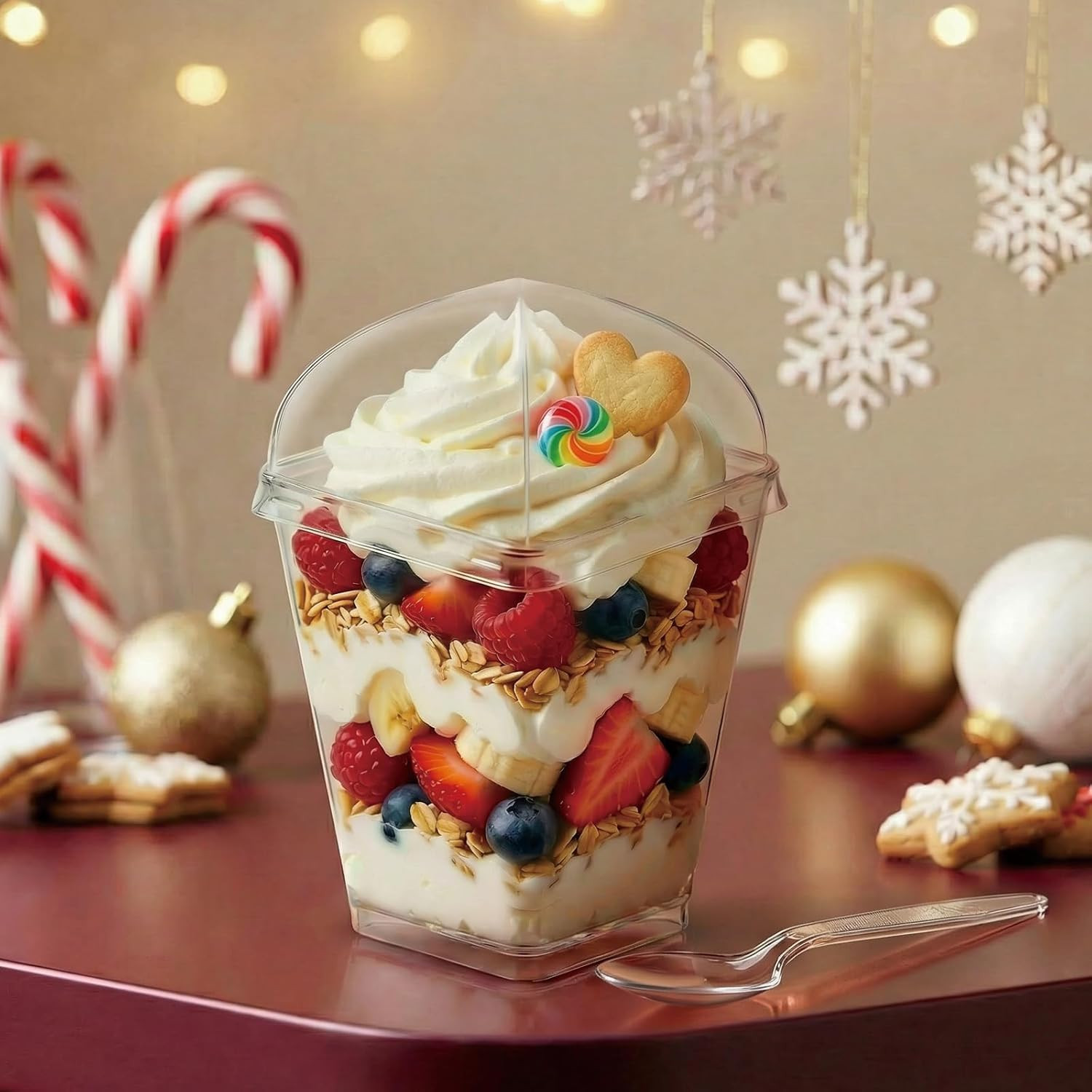 50Pack 5Oz Clear Plastic Dessert Cups with Lids and Spoons, Reusable Square Parf