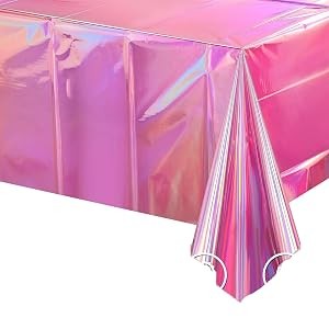 4 Pack Iridescent Pink Plastic Tablecloths, Shiny Disposable Laser Rectangle