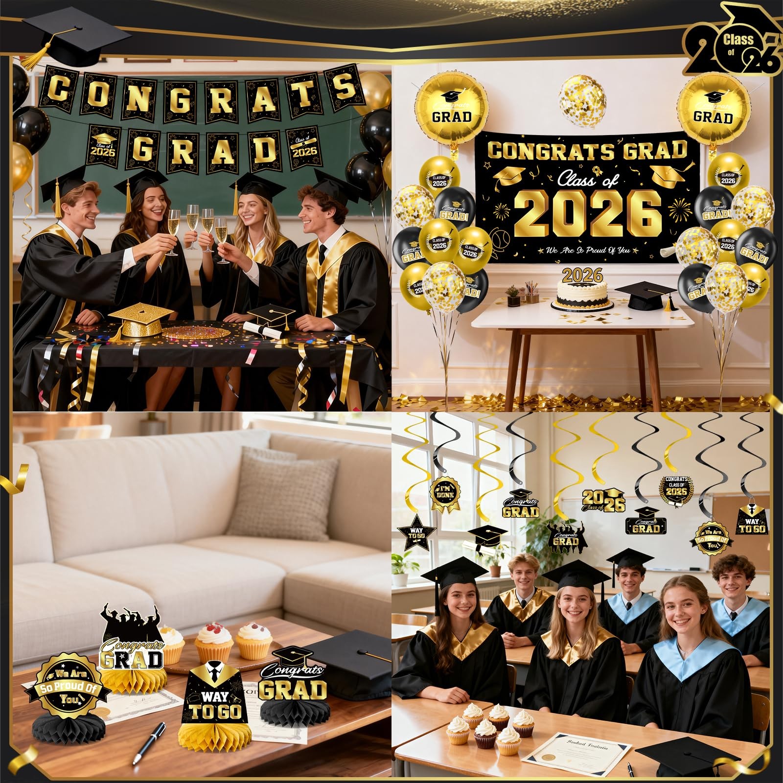 Class of 2026 Graduation Party Decor Kit Black Gold Banner Balloons Centerpieces