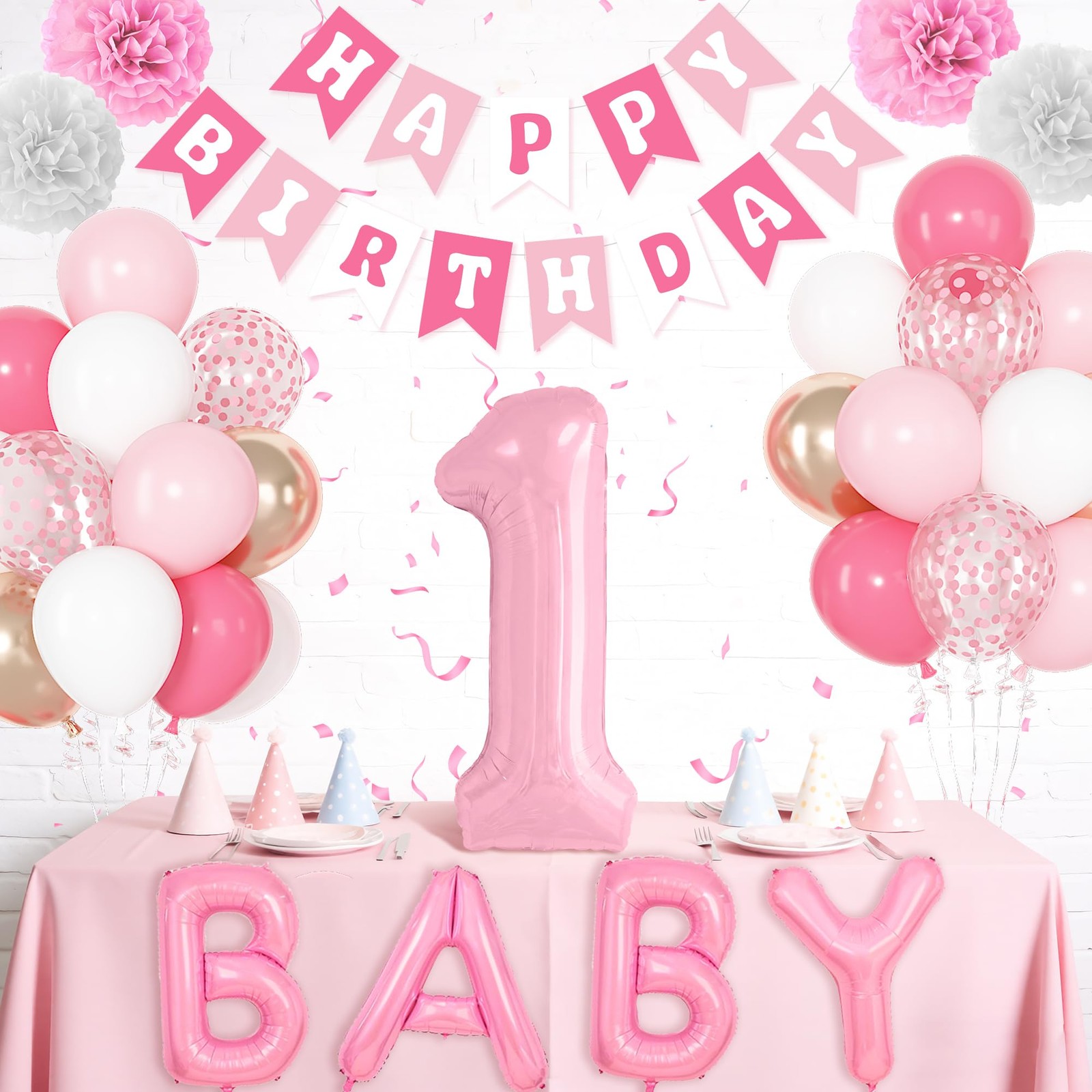 1st Birthday Decorations for Girls, 40 Inch Number 1 Balloon Pastel White Pink