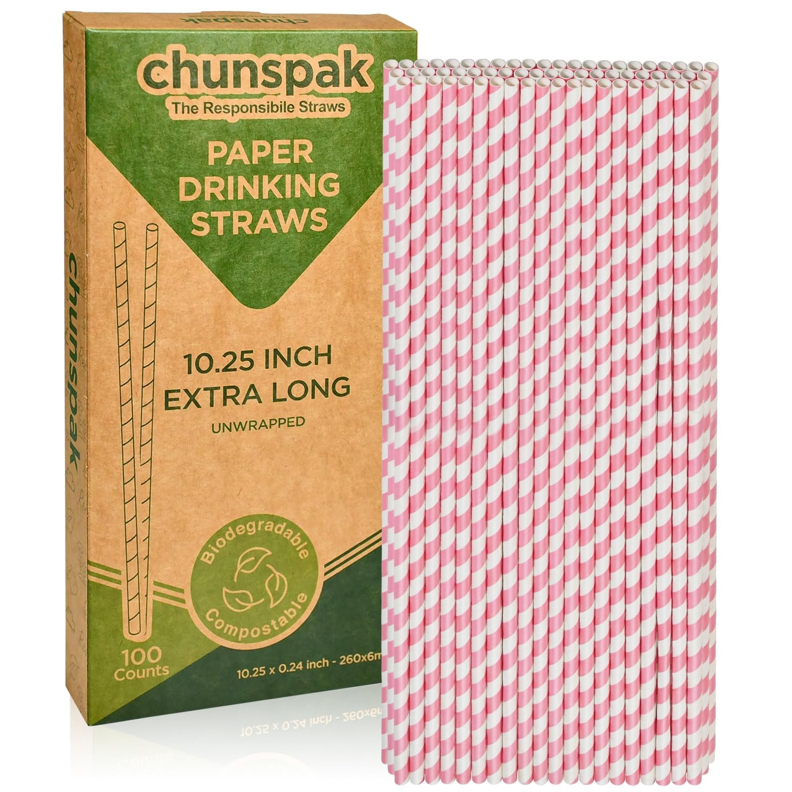 Biodegradable Pink Paper Straws for Drinking – 10 Inches Long, 0.24″ Diameter…