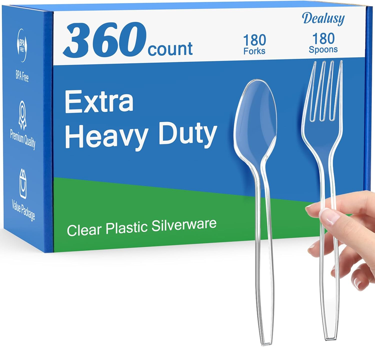 360 Count Extra Heavy Duty Clear Plastic Forks and Spoons, 180 Forks & 180 Spoon