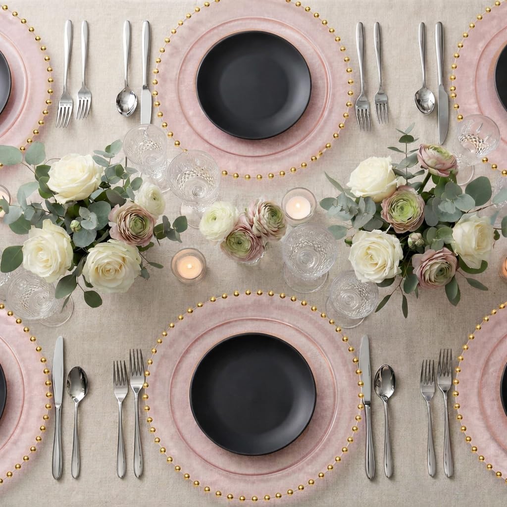 Translucent Pink with Gold Rim Plastic Charger Plates with Beaded Edge – Pack of