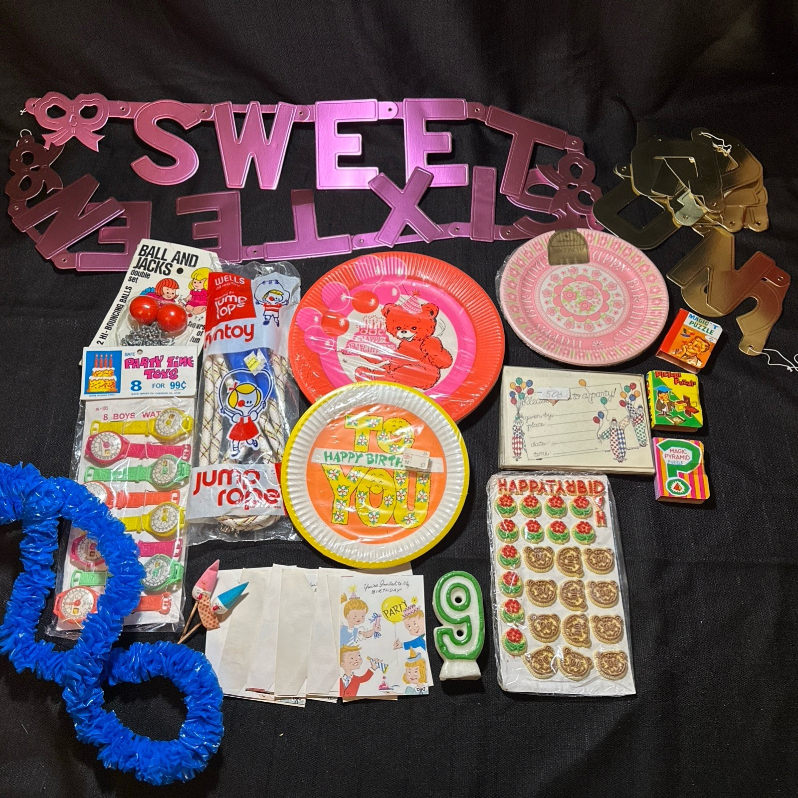 NOS Vintage Retro 1970’s Child’s Birthday Party Plates, Loot Bag Toys & More