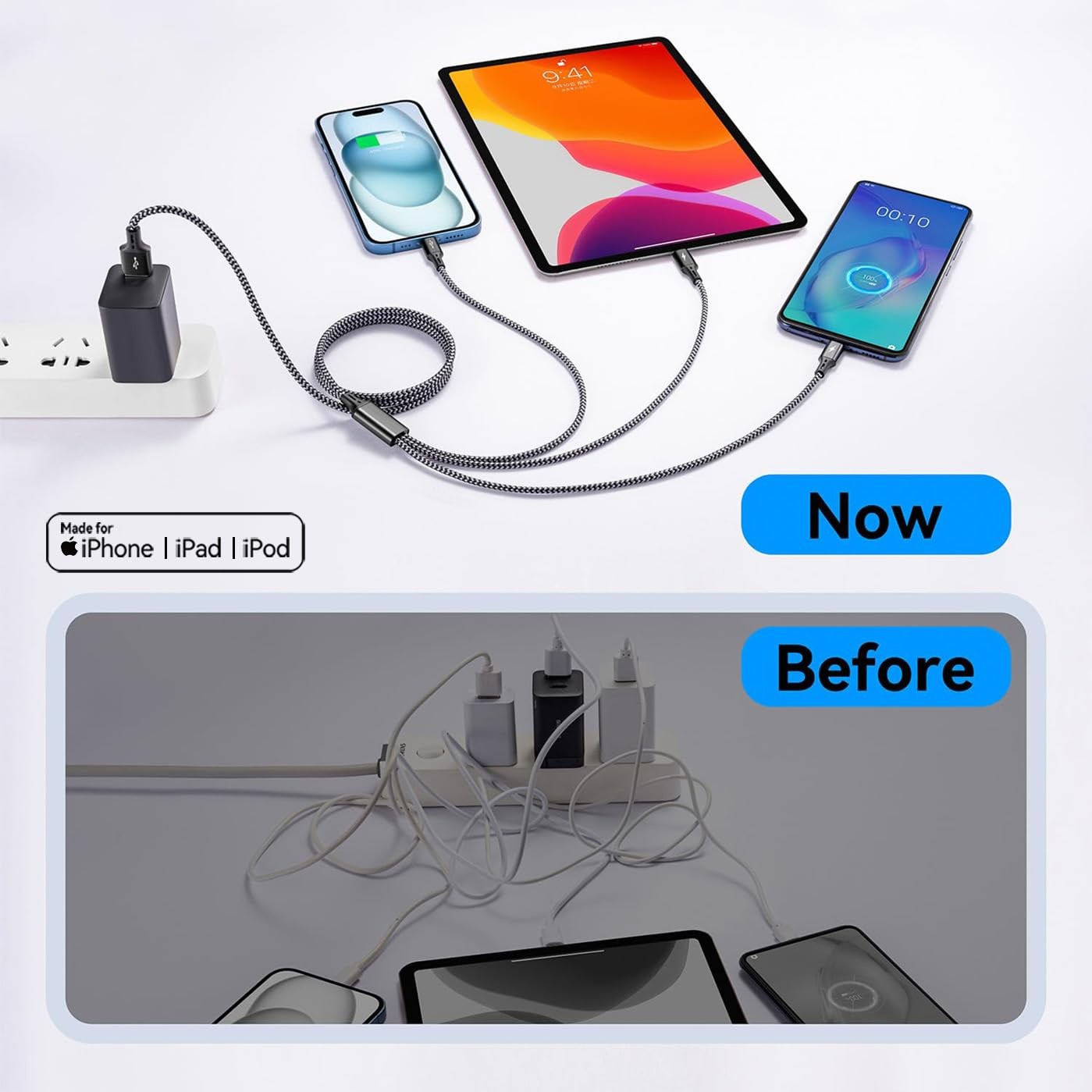 ASICEN 3 in 1 Multiple Charging Cord, Braided Multi Charger Cable USBC Charging