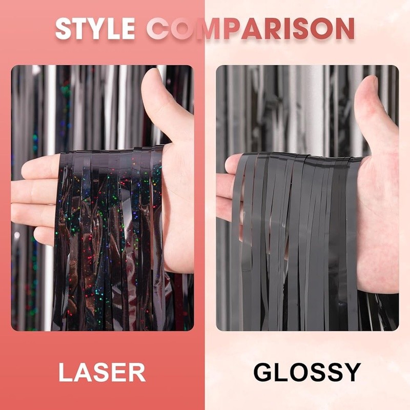 Black Foil Fringe Backdrop Curtains Set Tinsel Party Decorations 2 Pack Reusable
