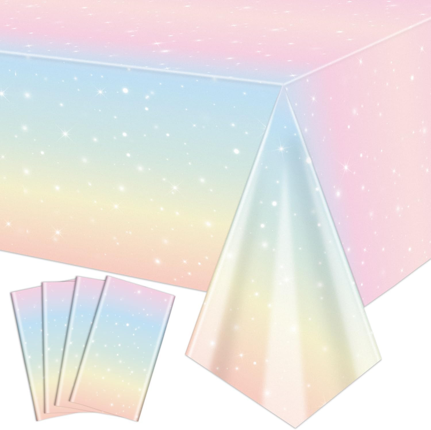 4 Pack Pastel Rainbow Tablecloths, 51X108” Plastic Disposable Rectangle Pastel
