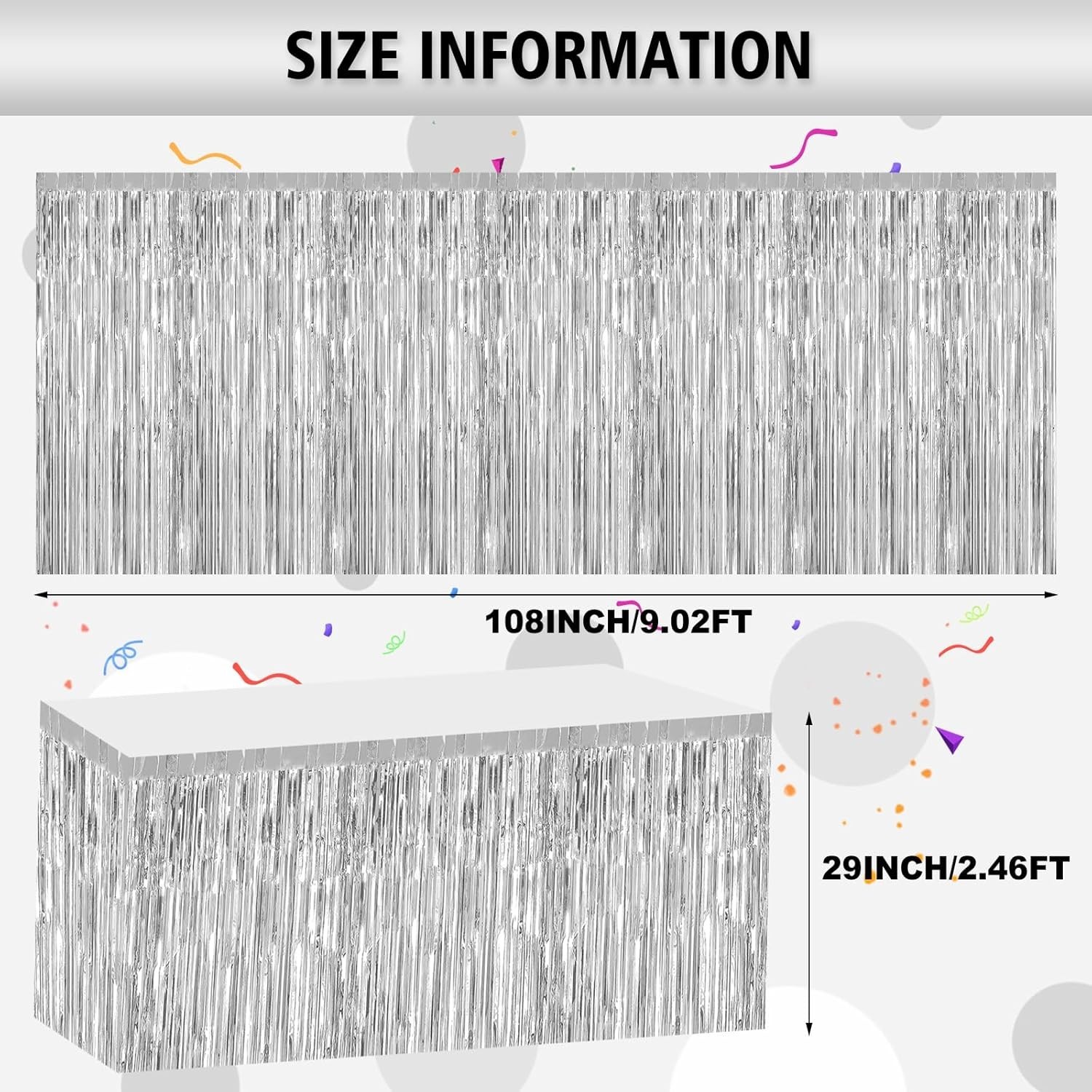 2 Pack 29.5×108 Inch Silver Foil Tinsel Fringe Table Skirts, Disposable Table…
