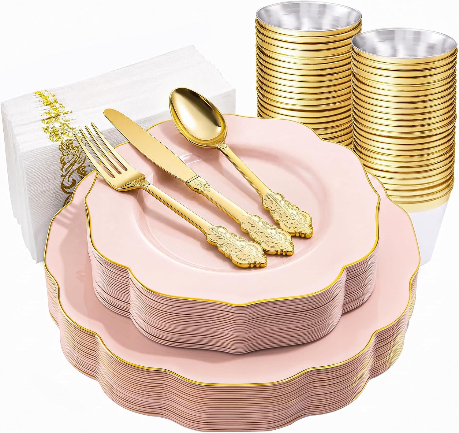 175PCS Pink Plates with Gold Disposable Silverware – Include 50 Pink Plastic Pla