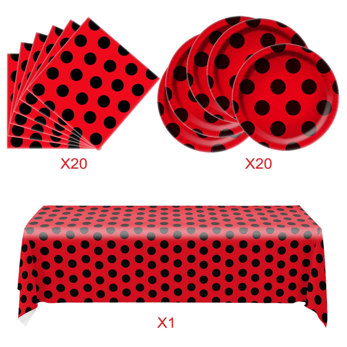 Ladybug Party Tableware Sets,20 Plates and 20 Napkins Red, Black