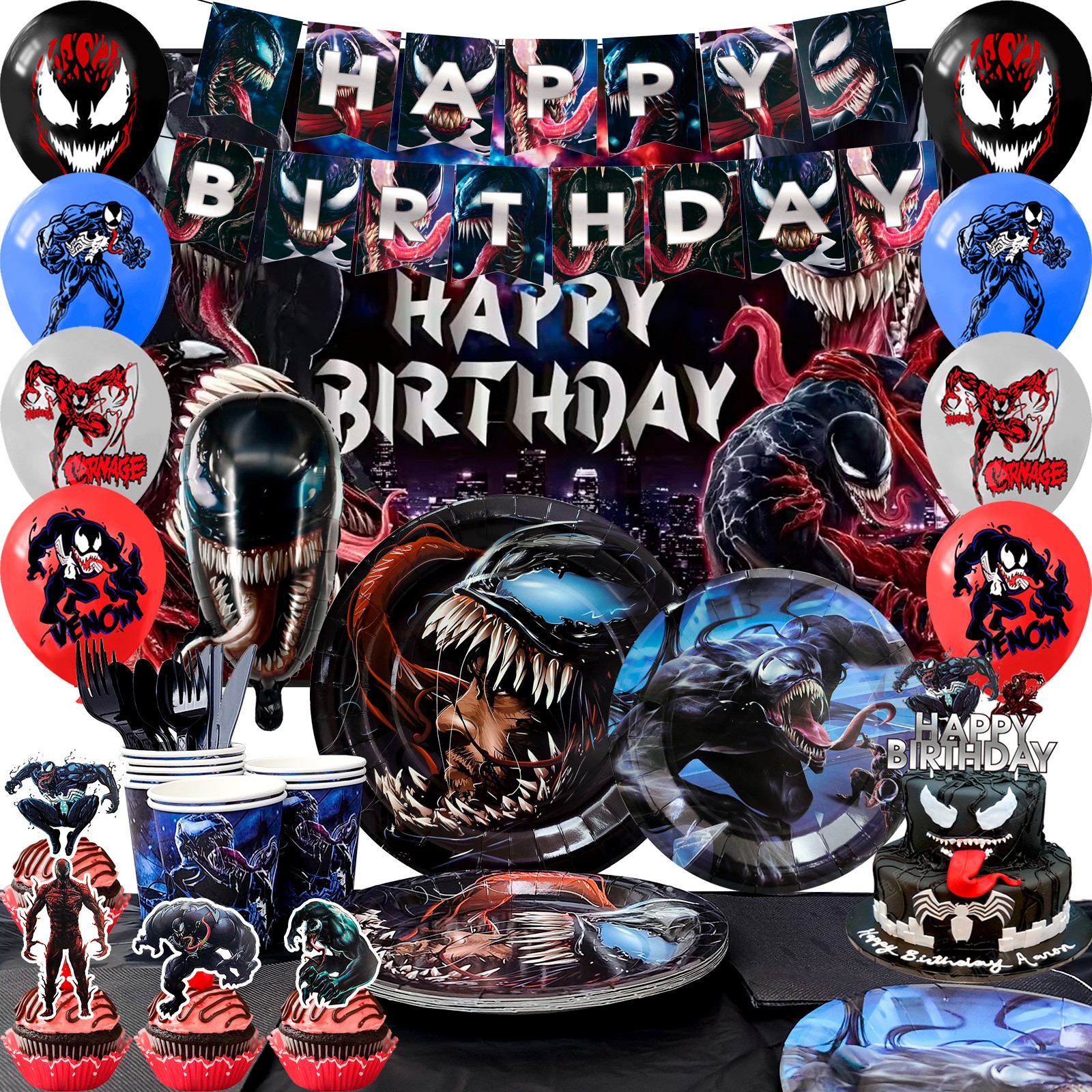 113Pcs Venom Party Supplies Superhero Birthday Party Decorations Balloons Plates