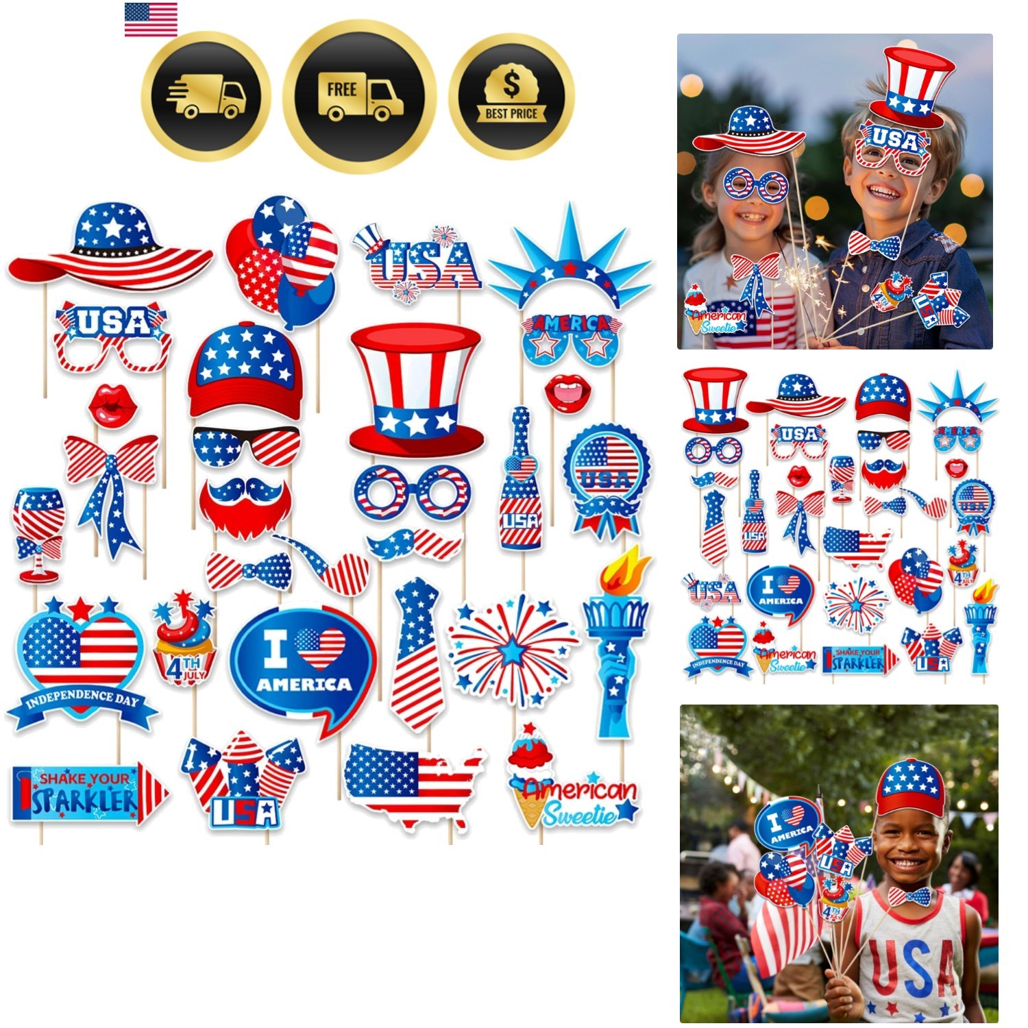 Independence Day Photo Booth Props with Sticks,4th of July Photo Booth Props,…