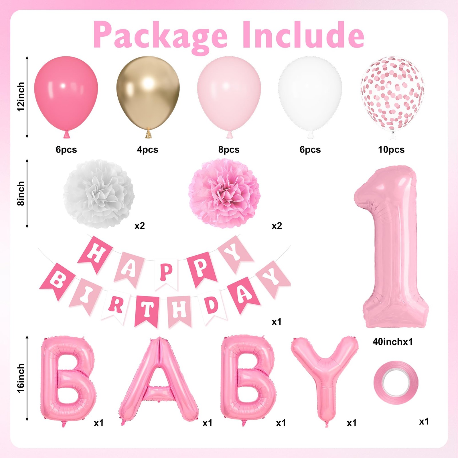 1st Birthday Decorations for Girls, 40 Inch Number 1 Balloon Pastel White Pink